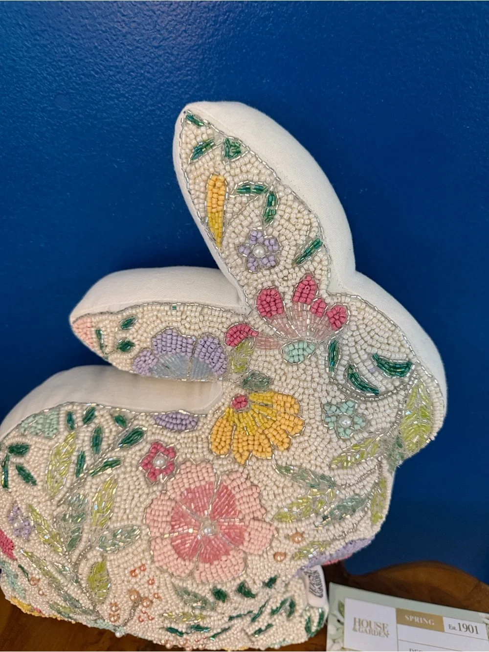 NWT House & Garden Beaded Floral Bunny Rabbit Decorative Pillow